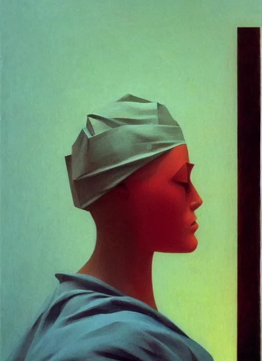 Image similar to closeup of woman with a paper bag over the head Edward Hopper and James Gilleard, Zdzislaw Beksinski, highly detailed