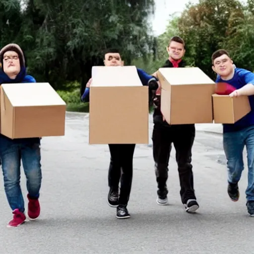 Prompt: 5 young disabled people with downsyndrome moving, they carry cardboard boxes