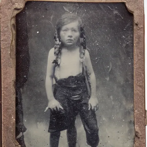 Image similar to tintype photo, floating underwater, child with huge squid