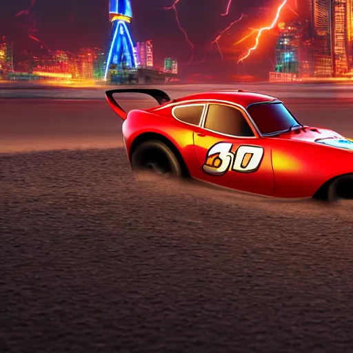 Image similar to lightning mcqueen driving on wet sand on beach, evening, cyberpunk city in the background, photo, 4 k, highly detailed