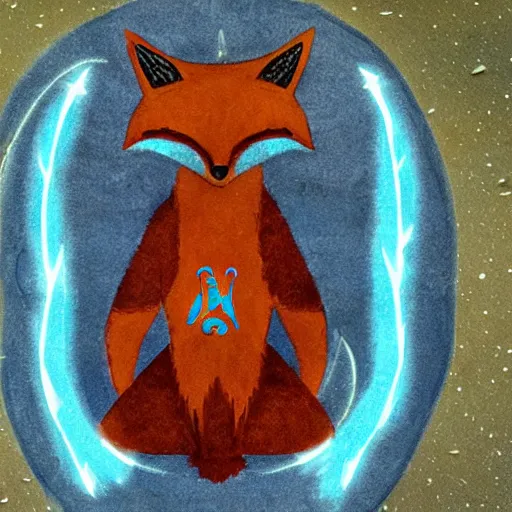 Image similar to Vulpine God of Trickery; An enormous fox with ancient glowing runes on its body and wearing a mask of wood resembling a fox's face