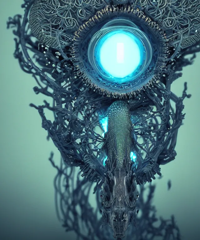 Image similar to symmetrical, centered, goddess close-up portrait wigh crown made of skulls. betta fish, phoenix, bioluminiscent creature, intricate artwork by Tooth Wu and wlop and beeple. octane render, trending on artstation, greg rutkowski very coherent symmetrical artwork. cinematic, hyper realism, high detail, octane render, 8k