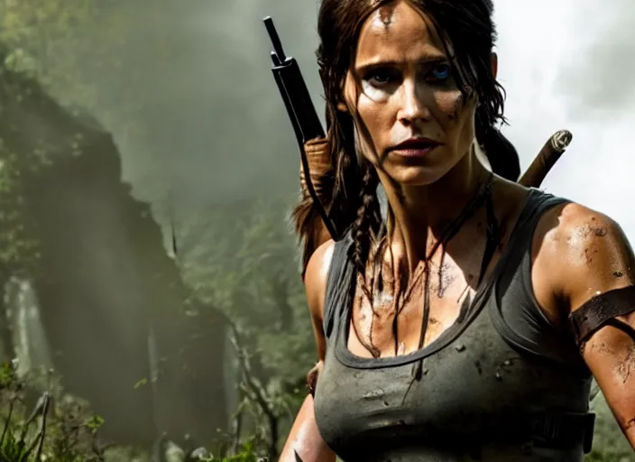 Image similar to film still of!!!! jared leto!!! as lara croft in new tomb raider movie, 8 k