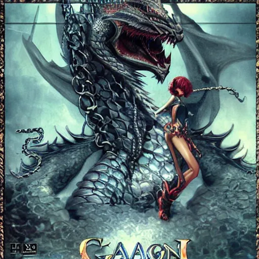 Image similar to Dragon Woman in chains, game poster printed on playstation 2 video game box , Artwork by Akihiko Yoshida, cinematic composition