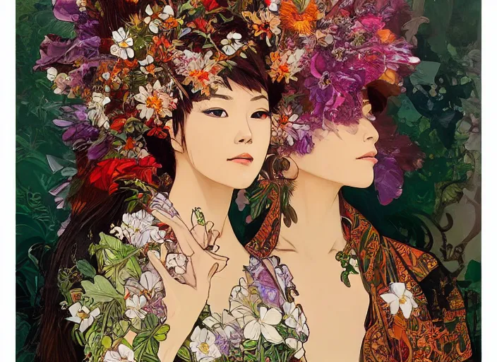 Image similar to oil painting, long shot, beautiful floralpunk iban bio mechanical female illustration detailed patterns art of sarawak traditional dress, flower pop art, floral splash painting, art by ashley wood, alphonse mucha, makoto shinkai, geof darrow, dark shadow