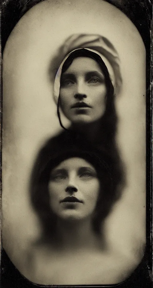 Image similar to a wet plate photograph, a portrait of a beautiful woman wearing a bonnet