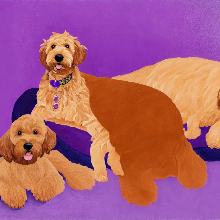 Prompt: a portrait of a royal throne flanked by an orange tabby sitting on a floating purple pillow to the left and a brown goldendoodle sitting on a floating purple pillow to the right, oil on canvas, soft lighting, 8 k