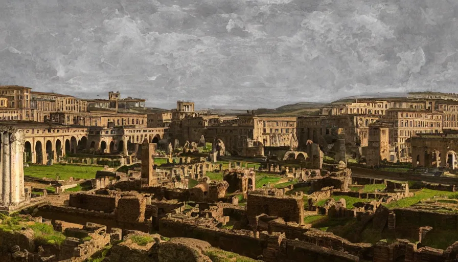 Image similar to ancient rome, aqueduct and roman baths in the background, clearly separated foreground middleground background, foggy, cupresses, intricate, paint texture, old masters, caravaggio, repin, solid anatomy, elegant, volumetric lighting, digital painting, highly detailed, artstation, sharp focus, illustration, concept art, steve mccurry, norman rockwell, masterpiece, 8 k