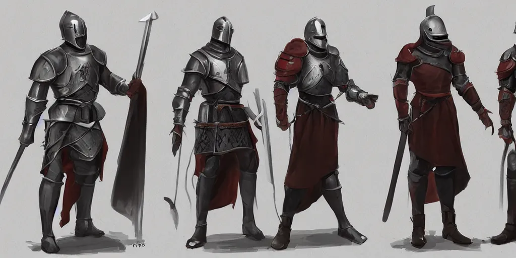 Image similar to different views of medieval knights, concept art by senior character artist, trending on artstation, full body characters designs