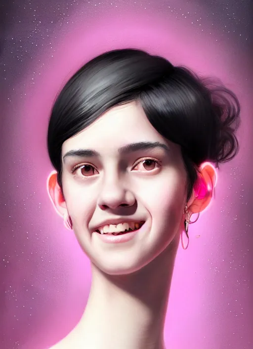 Image similar to portrait of teenage girl, realistic, black hair, bangs, half updo hairstyle, pointy nose, skinny, smile, ugly, defined jawline, big chin, pink hair bow, earrings, intricate, elegant, glowing lights, highly detailed, digital painting, artstation, sharp focus, illustration, art by wlop, mars ravelo and greg rutkowski