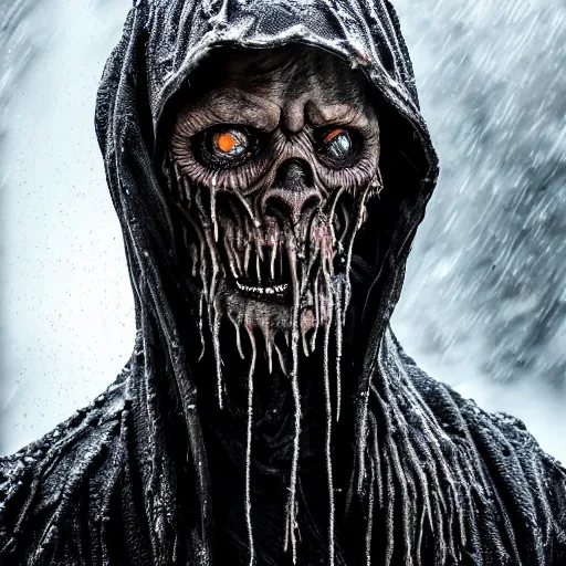 Image similar to photo taken of an epic intricate, ultra detailed, super realistic gritty, wet, slimy, lifelike sculpture of a nightmarish hellish humanoid hooded grim reaper, creature design created by weta workshop, menacing, some zoomed in shots, photorealistic, sharp focus, extremely cold blueish colour temperature, f 0. 4, full body shot