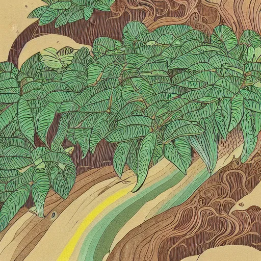 Prompt: a detailed Japanese illustration of a coffee plant and grounds, with coffee waterfalls and rainbows, extreme detail, beautiful