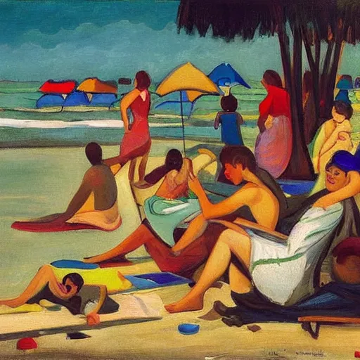 Image similar to A beautiful computer art of a group of people on a beach. The colors are muted and the overall tone is serene. The people are all engaged in different activities, from reading to playing games, and the artwork seems to be capturing a moment of peace and relaxation. by Max Pechstein beautiful