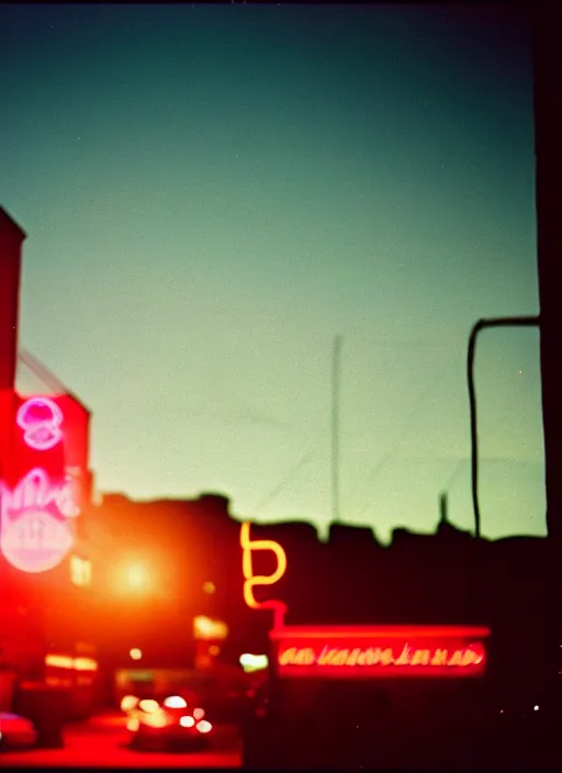 Prompt: Waiting in the car Waiting for the ride in the dark At night the city grows Look at the horizon glow Drinking in the lounge Following the neon signs Waiting for a word Looking at the milky skyline The city is my church It wraps me in its blinding twilight, cinestill 800