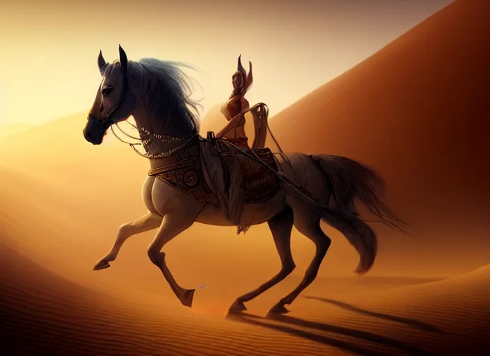 Prompt: arabian knight on arabian horse in the desert, sand environment, illustration, symmetrical, smoky, unreal engine, colors, epic scene, fantasy art by greg rutkowski,, golden raito, high quality, intricate details, details, intricate, atmosphere, highly detailed, matte painting, cinematic, deviantart, realistic, concept art, 4 k