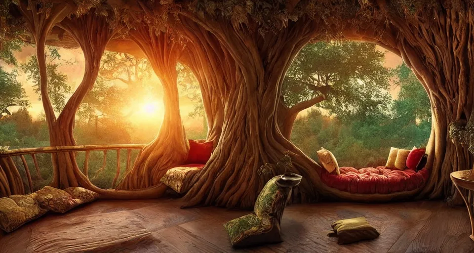 Prompt: an incredibly beautiful scene from a 2 0 2 2 fantasy film featuring a cozy art nouveau reading nook in a fantasy treehouse interior. a couch with embroidered pillows. a tree trunk. rustic windows. golden hour. 8 k uhd.