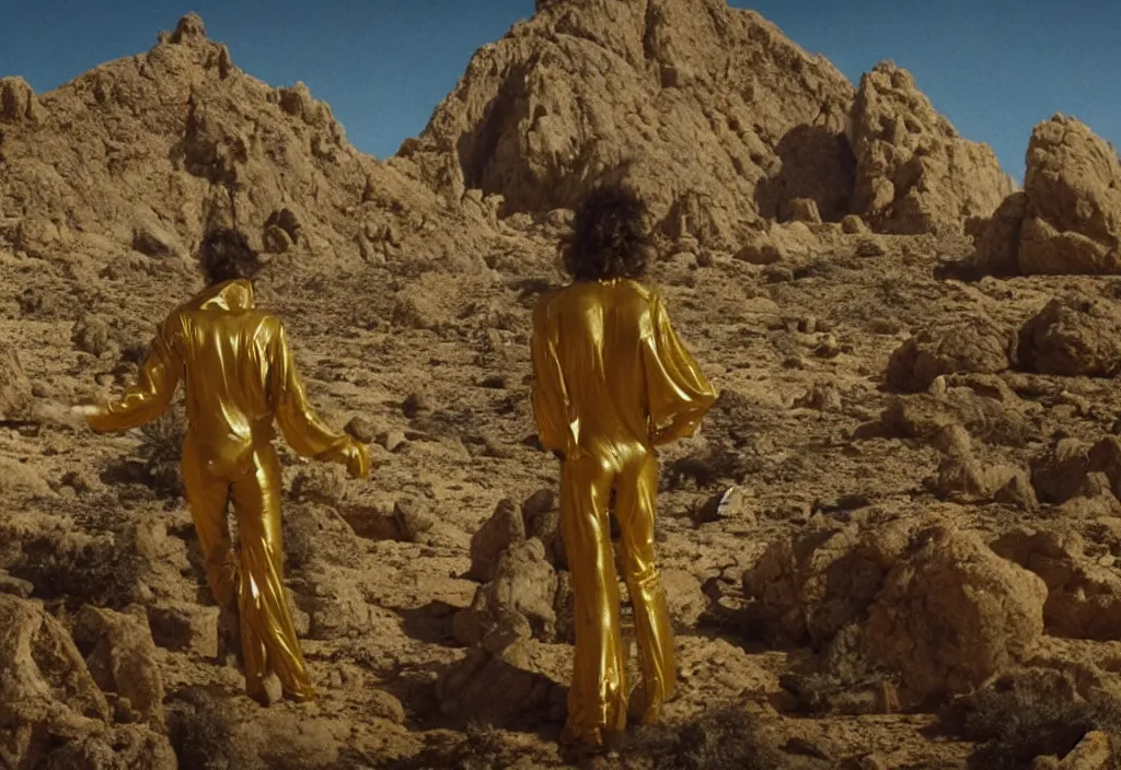 Prompt: mick jagger dressed in golden costume with jewels in a dry rocky desert landscape, with alien sand city designed by giger and giant alien spaceship in the sky attacks the earth by christopher doyle and alejandro jodorowsky, anamorphic lens, kodakchrome, cinematic composition, masterpiece, 8 k