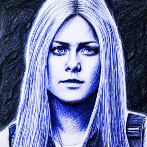 Prompt: blue ballpoint pen drawing of clarke from the 1 0 0