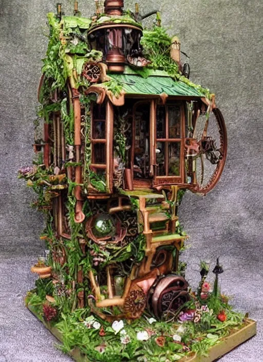 Prompt: steampunk tiny house in a forest with lush vegetation and a garden of roses. Detailed. Very very very detailed intricate.