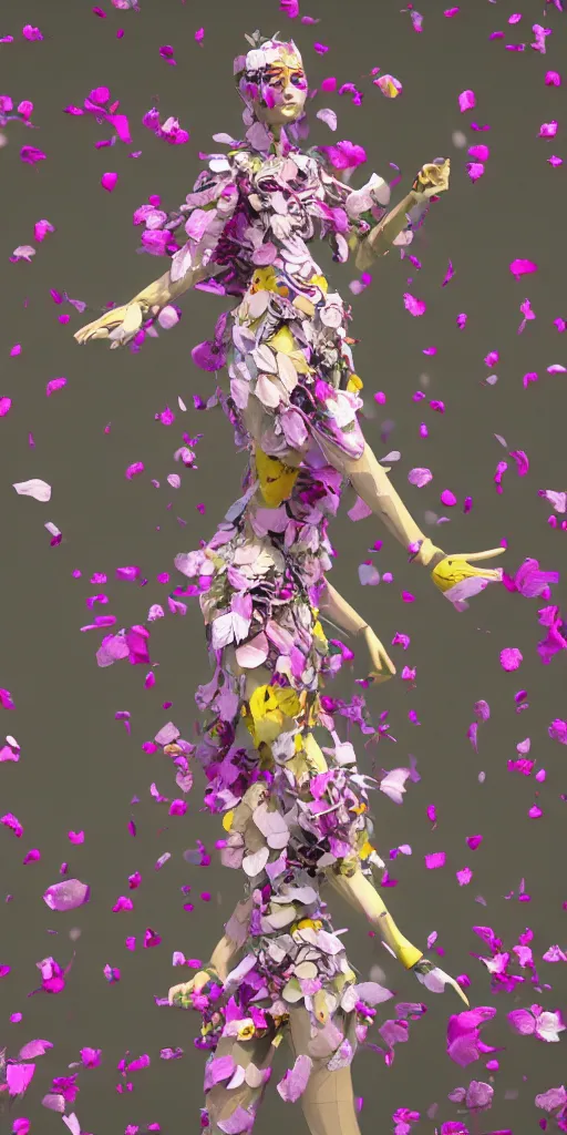 Image similar to an anthromorphic beautiful bee woman wearing striped couture made out of wax and paper and flower petals, running in a papercraft field of flowers, trending on Art Station, 3D, octane render,
