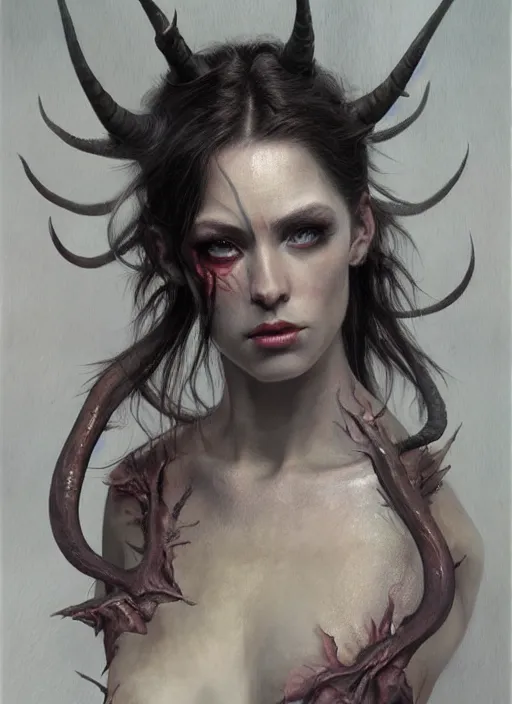 Prompt: half demon half human intricate skin scales costume, elegant, peaceful, full body, horns, hyper realistic, extremely detailed, dnd character art portrait, fantasy art, intricate fantasy painting, dramatic lighting, vivid colors, deviant art, artstation, by edgar maxence and caravaggio and michael whelan and delacroix.