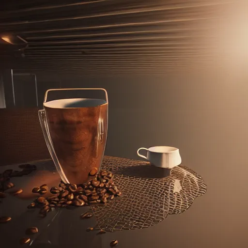 Prompt: : a sloppy cup of coffee with fluid flying out the cup hyperbolic ,hyper detailed art station  parabolic lighting unrealengine ,cinematic, hyper realism, high detail, octane render, 8k