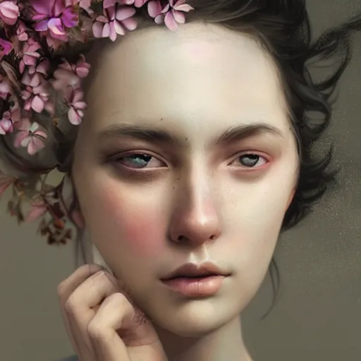 Prompt: hyperrealistic mixed media image of random magic of woman with flowers in eyes, stunning 3 d render inspired art by greg rutkowski and xiang duan and thomas eakes and audrey kawasaki, perfect facial symmetry, flesh texture, realistic, highly detailed attributes and atmosphere, dim volumetric cinematic lighting, 8 k octane detailed render, post - processing, masterpiece,