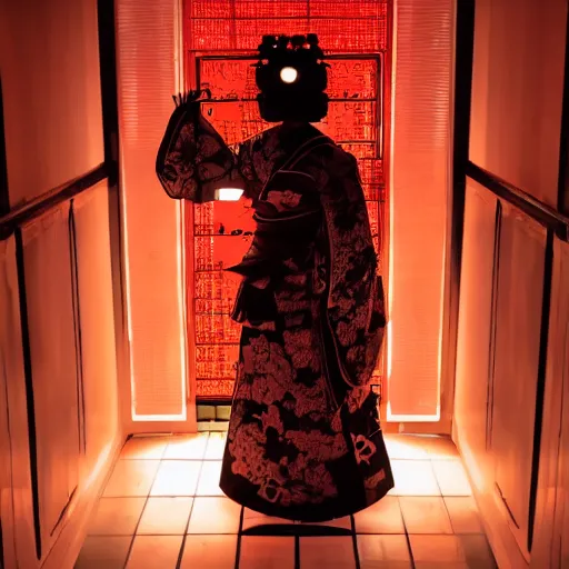 Prompt: a dark, back lit, silhouette of a mechanised cyber geisha, beautiful, detailed intricate traditional clothing, neon light halo, standing in font of a dark corridor,