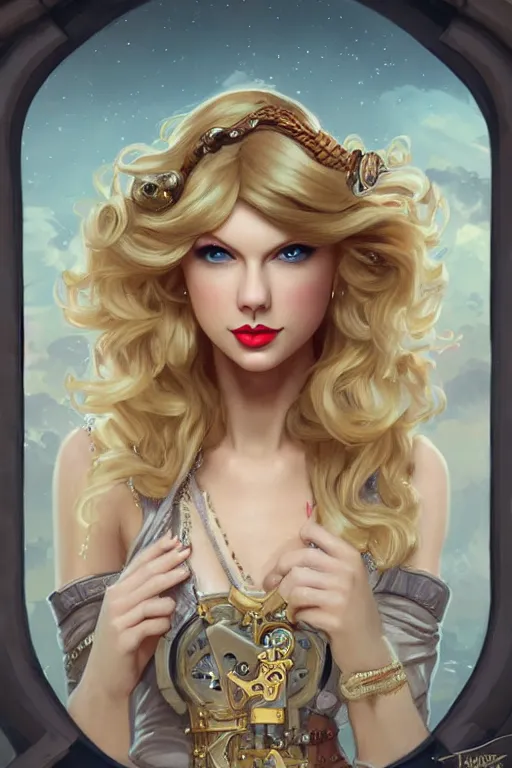 Image similar to taylor swift as a steampunk princess, blonde hair, high fantasy, dnd, smooth, sharp focus, illustration, highly detailed, digital painting, artstation, concept art, by disney animation, rossdraws, alphonse mucha, frank fanzzeta, collectible card art