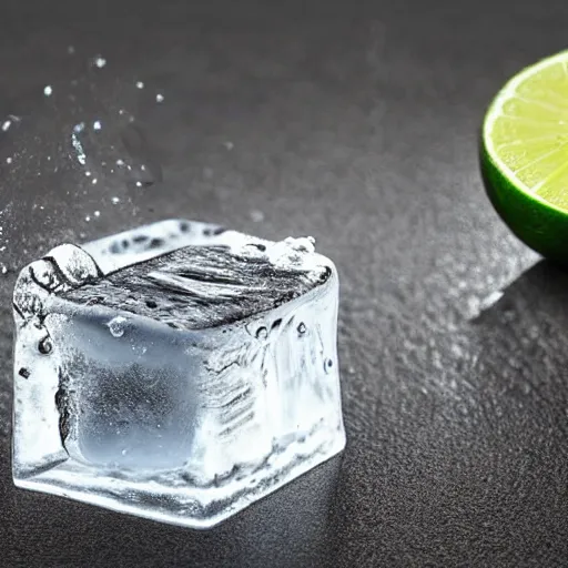 Image similar to award winning ultra - realistic!!! painting of an ice cube starting to melt next to a lime wedge, black background!!!