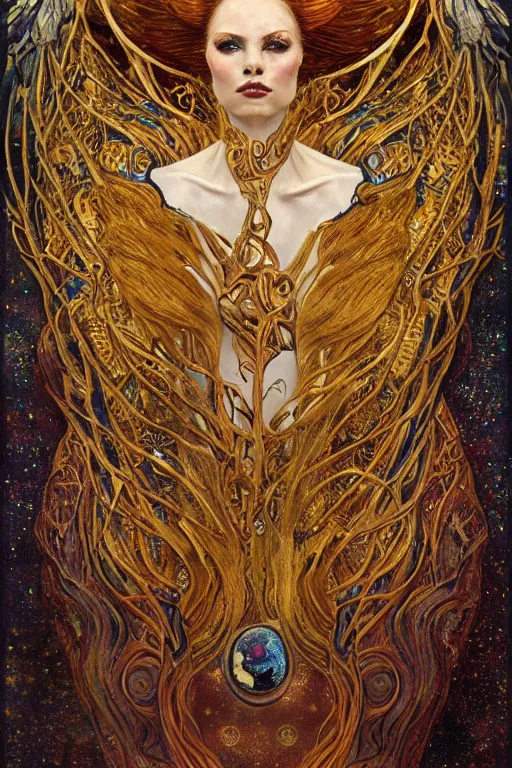 Image similar to Intermittent Chance of Chaos Muse by Karol Bak, Jean Deville, Gustav Klimt, and Vincent Van Gogh, beautiful inspiring portrait, enigma, Loki's Pet Project, destiny, Poe's Angel, fate, Surreality, inspiration, muse, otherworldly, fractal structures, arcane, ornate gilded medieval icon, third eye, spirals