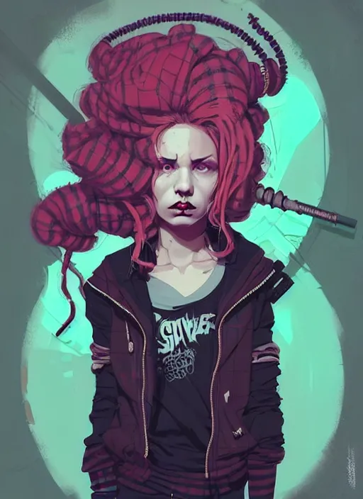 Image similar to highly detailed portrait of a sewer punk lady, tartan hoody, blonde ringlet hair by atey ghailan, by greg rutkowski, by greg tocchini, by james gilleard, by joe fenton, by kaethe butcher, gradient magenta, black, blonde cream and white color scheme, grunge aesthetic!!! ( ( graffiti tag wall background ) )