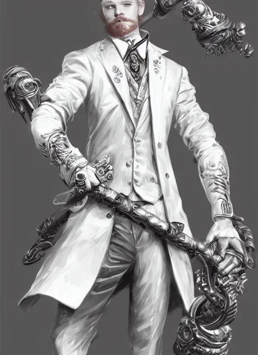 Image similar to a highly detailed illustration of short ginger haired man wearing white suit, dramatic holding ornate mechanical cane pose, intricate, elegant, highly detailed, centered, digital painting, artstation, concept art, smooth, sharp focus, league of legends concept art, WLOP