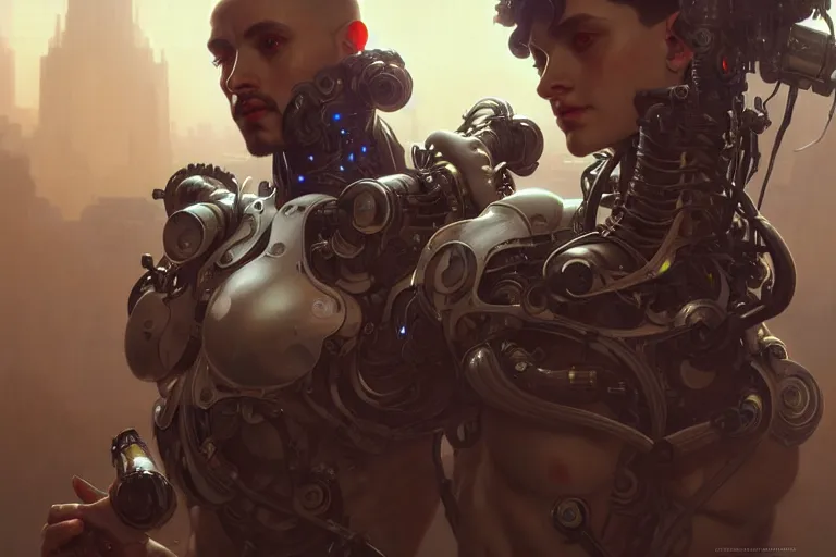 Image similar to ultra realistic, beautiful male cyborgs plugged into the internet, sci - fi, intricate details, eerie, highly detailed, octane render, 8 k, art by artgerm and alphonse mucha and greg rutkowski