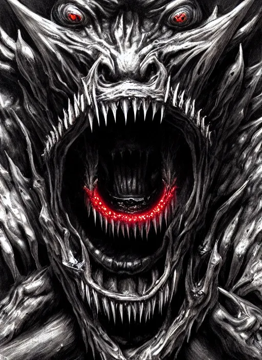 Image similar to close up portrait of an evil monster of hell, evil eyes, sharp disgusting teeth, screaming, scary as hell, sinister, bad vibes, oil painting by tomasz jedruszek, cinematic lighting, pen and ink, intricate line, hd, 4 k, million of likes, trending on artstation