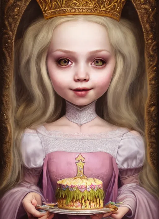 Image similar to highly detailed closeup portrait of a grinning fairytale medieval princess eating birthday cake, unreal engine, nicoletta ceccoli, mark ryden, lostfish, earl norem, global illumination, god rays, detailed and intricate environment