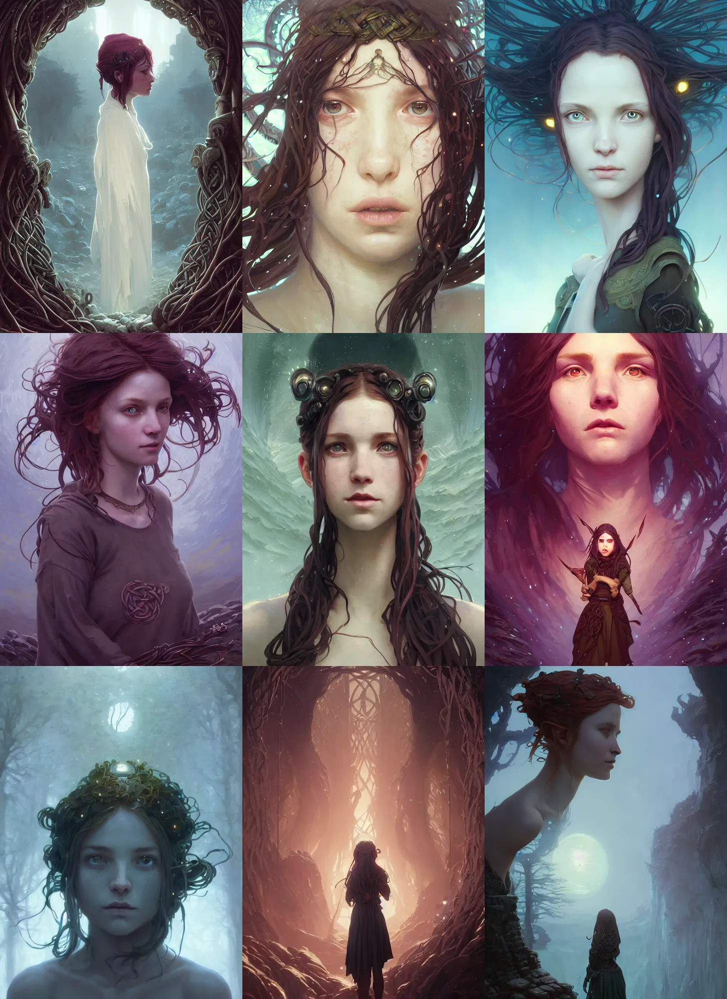 Prompt: portrait of a celtic girl with an incomprehensible alien expression, stephen bliss, unreal engine, fantasy art by greg rutkowski, loish, rhads, ferdinand knab, makoto shinkai and lois van baarle, ilya kuvshinov, rossdraws, tom bagshaw, alphonse mucha, global illumination, radiant light, detailed and intricate environment