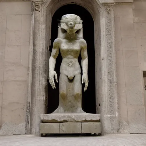 Image similar to futuristic ancient creature arrived through a portal, ancient statue in museum