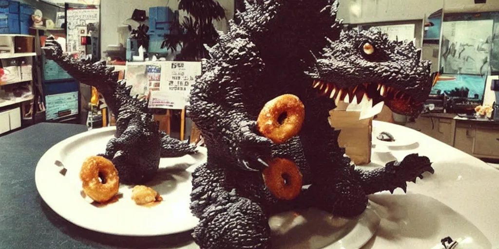 Image similar to godzilla eating donuts, happy friday everyone, funny, happy, silly, funny