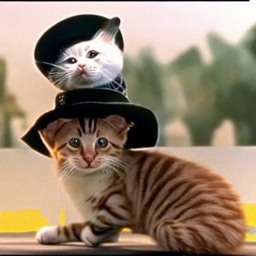Prompt: film still of the kitten with the cowboy hat on its head in the 1 9 8 0 s american comedy movie, the cats won the west 4 k