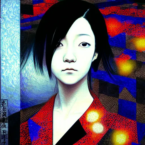 Image similar to yoshitaka amano blurred and dreamy realistic three quarter angle portrait of a young woman with short hair and black eyes wearing office suit with tie, junji ito abstract patterns in the background, satoshi kon anime, noisy film grain effect, highly detailed, renaissance oil painting, weird portrait angle, blurred lost edges