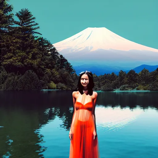 Image similar to a instax photo of fuji mountain, a beautiful girl in a transparent sheer fabric dress against the background of a lake, full body shot, perfect symmetrical body, perfect symmetrical face, coherent symmetrical eyes, hyperrealistic, hyperdetailed, octane render, 8 k