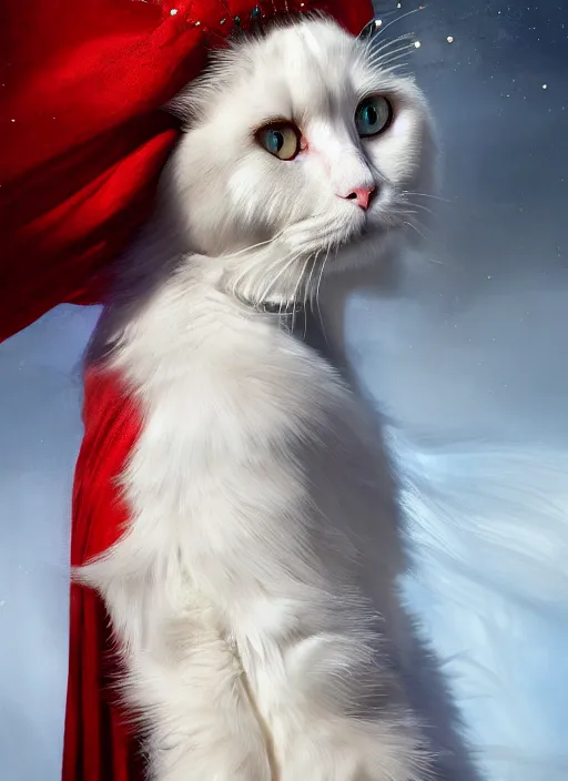 Prompt: side profile of a white and brown ragdoll cat king wearing a crown and red cape, fantasy, digital painting, volumetric light, intricate, sharp, focus, bloom, illustration, highly detailed, concept art, matte, ruan jia, randy vargas, greg rutkowski