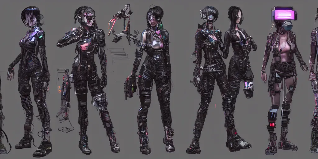 Prompt: several cyberpunk female character designs , Kim Jung Gi, trending on Artstation, 8K, ultra wide angle, pincushion lens effect.