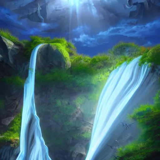 Prompt: Waterfalls flowing down floating islands, mist, crepuscular rays, oil painting, trending on artstation