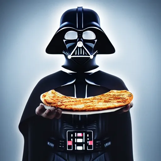 Prompt: gold bordered portrait of darth vader holding a slice of pizza, hyper realistic, surreal, gothic, cyberpunk, nightcore, 4 k, highly detailed, beautifully rendered