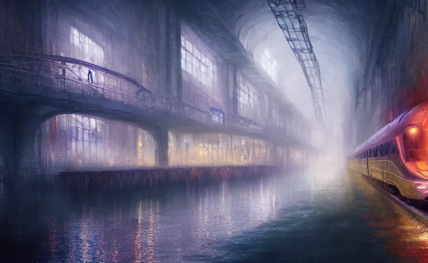 Image similar to an urban train rides inside of a waterway on a fantasy city. by artstation trending, by joseph mallord william turner, luis royo, konstantin razumov, cinematic lighting, fractal flame, highly detailed