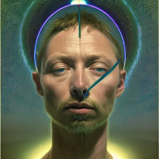 Image similar to Portrait Masterpiece, Thom Yorke, cyan, golden halo behind her head, wires everywhere, by Edgar Maxence and Ross Tran, Zdzisław Beksiński, and Michael Whelan, distant, gustav dore, H.R. Giger, 8k, octane render