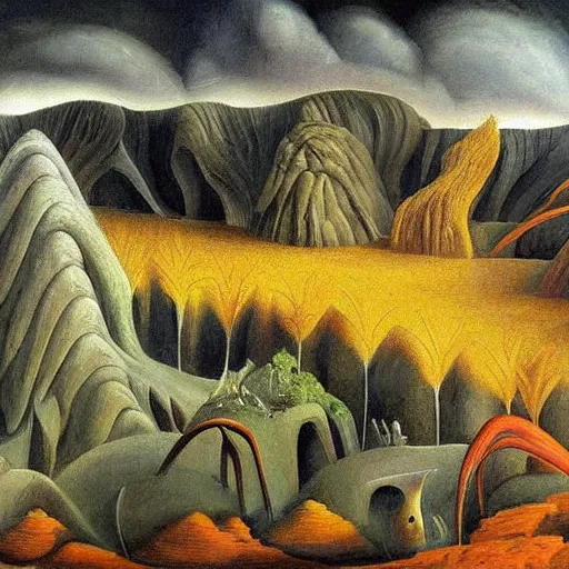 Image similar to painting of a lush natural scene on an alien planet by remedios varo. beautiful landscape. weird vegetation. cliffs and water.