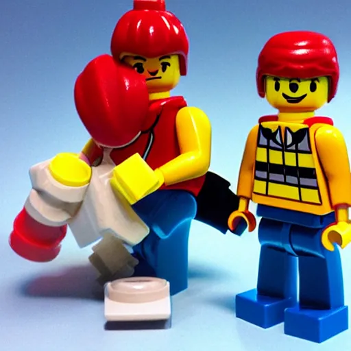 Prompt: a wwf fight between fisher-price figure, a playmobil figure, and a lego figure.